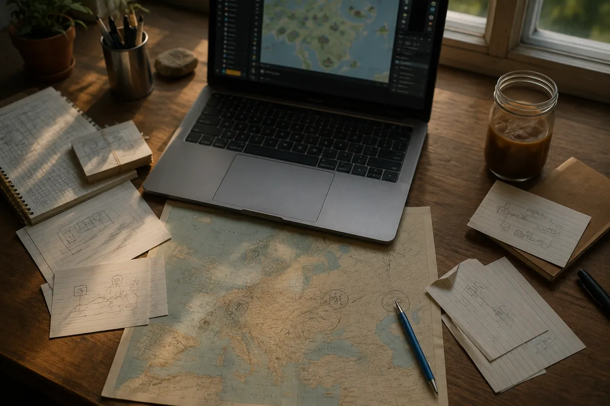 Game developer's desk with a level editor, paper maps and sketches