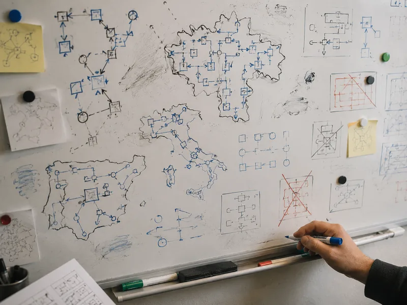 Whiteboard covered in arrow-maze sketches shaped like country outlines