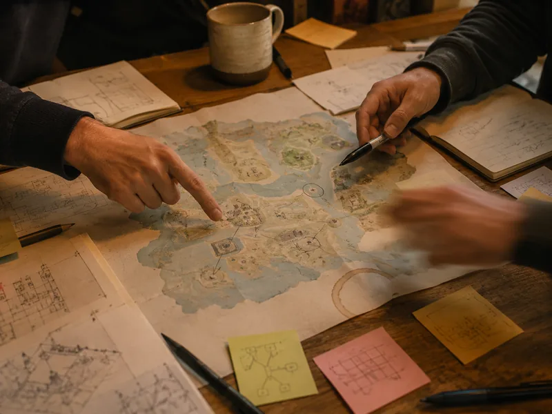 Hands pointing at a hand-drawn level map during a design session