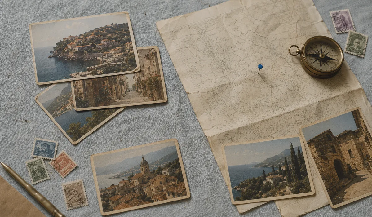 Vintage travel postcards, a folded map with a blue pin, compass and stamps