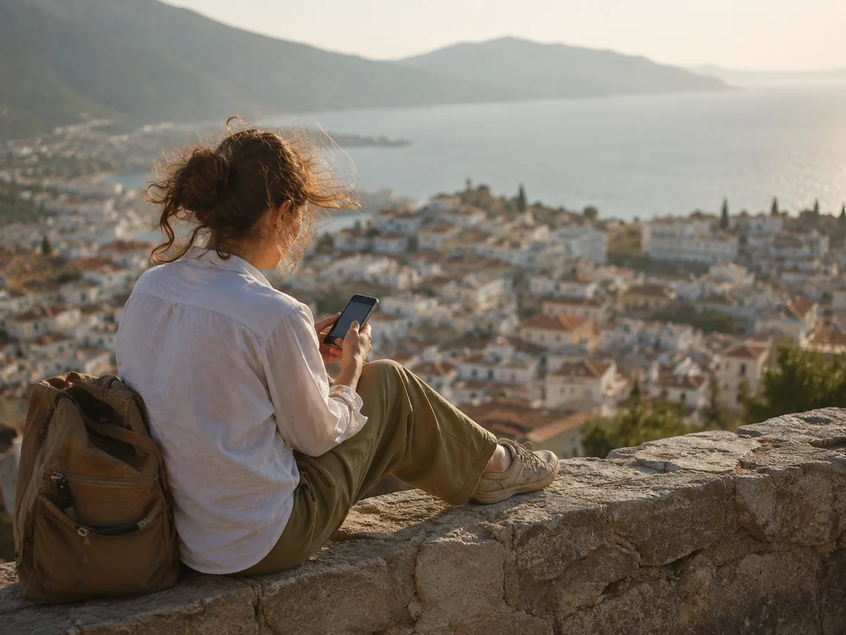 A traveler overlooking a Mediterranean hillside town, playing World of Arrows on a phone