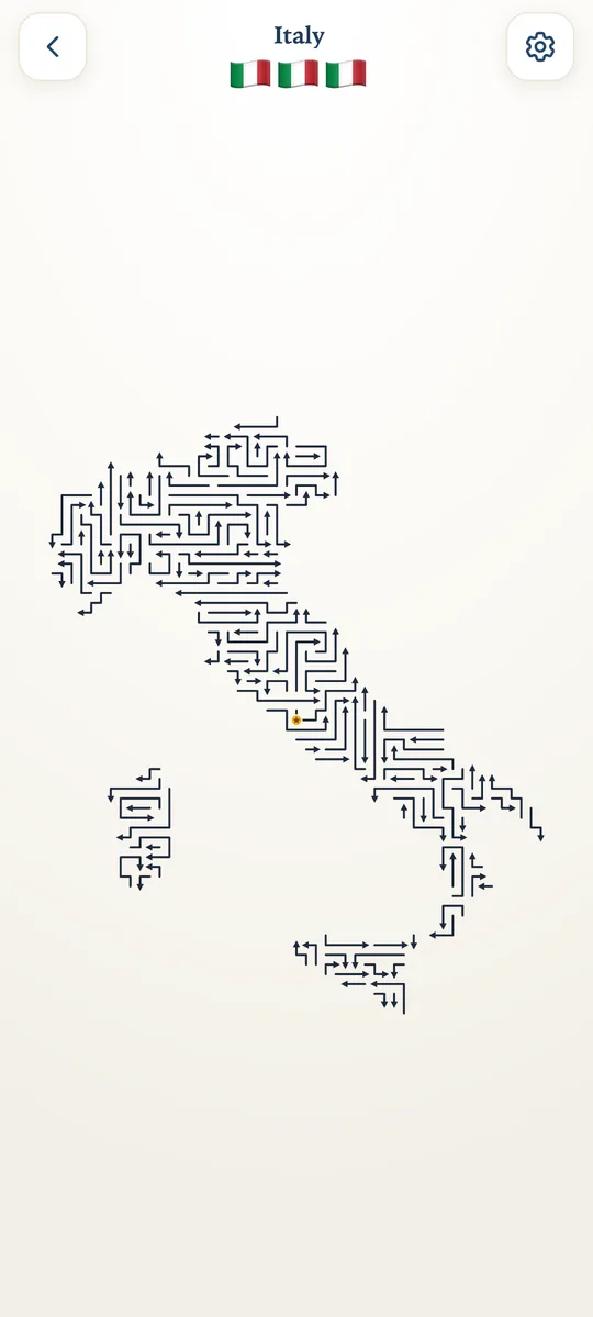 Gameplay. The Italy level, drawn as a maze of arrows