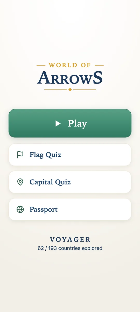 World of Arrows main menu. Play, Flag Quiz, Capital Quiz, Passport