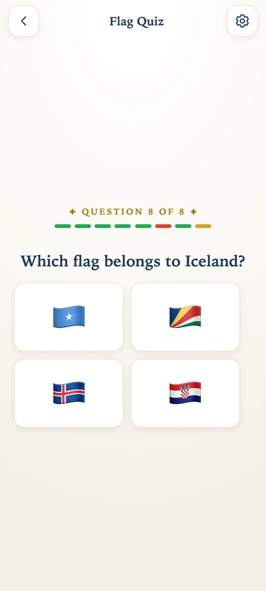 Flag Quiz screen. Which flag belongs to Iceland?